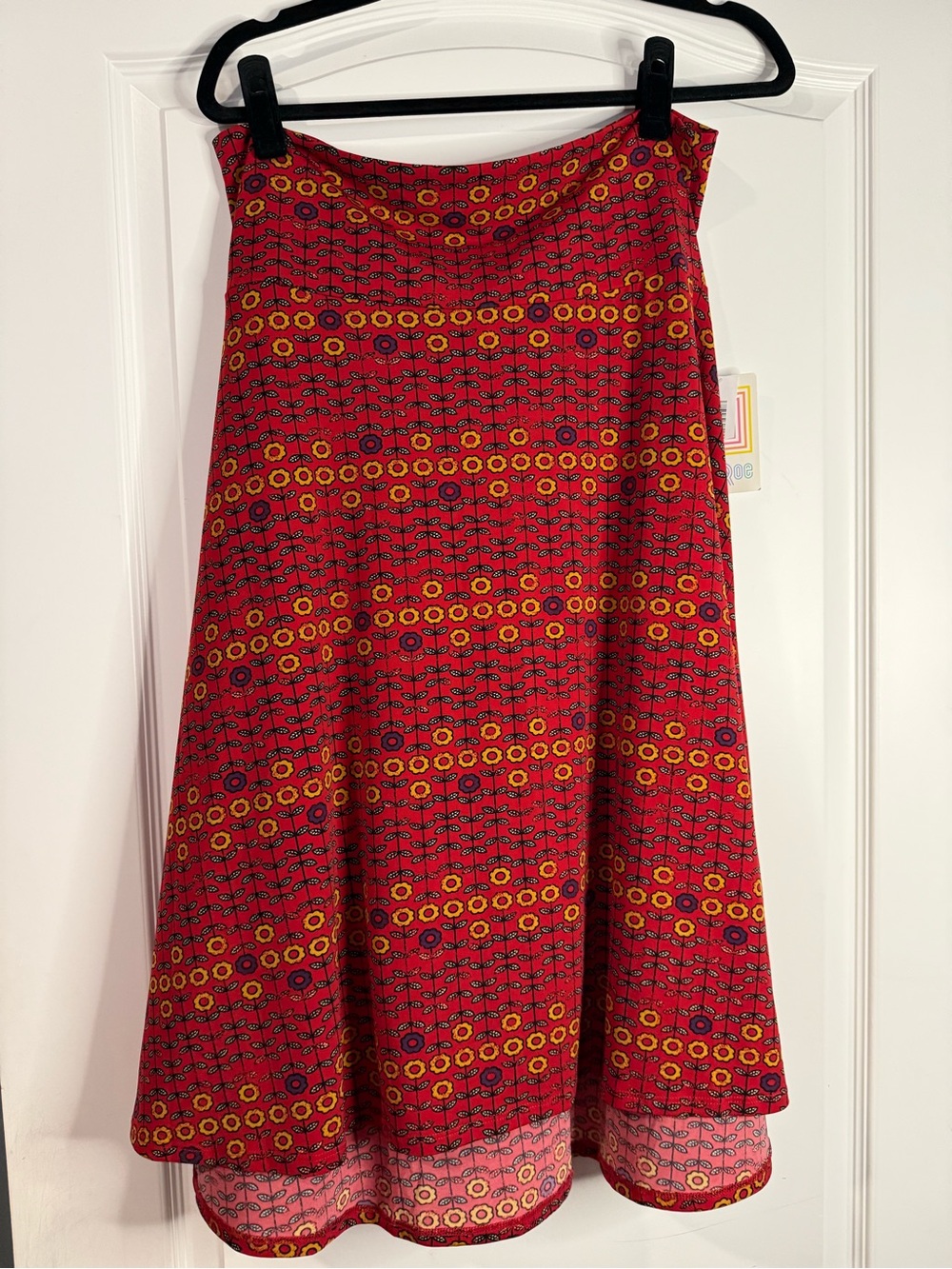 LuLaRoe Red Floral Azure A-line Skirt with Yellow & Purple Flower Blooms